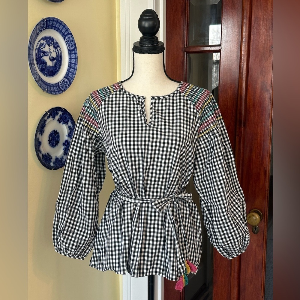 Madewell | Smocked Gingham Top with Embroidery & Tassels Tie Belt, Size M